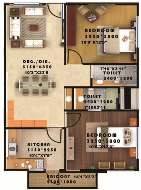 Seac Kuber Heights (2BHK+2T (1,063 sq ft) 1063 sq ft)