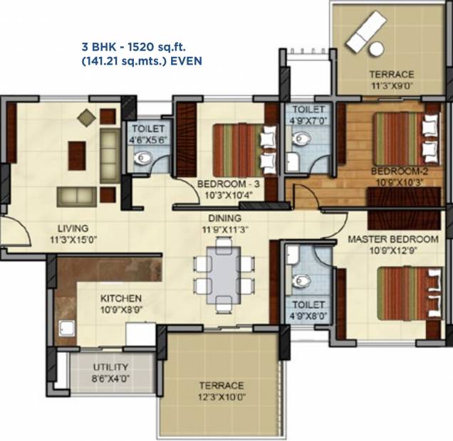 Mantri Vantage (3BHK+3T (1,520 sq ft) 1520 sq ft)