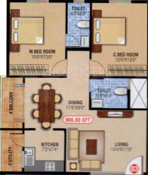 Chethan Balaji Nest Floor Plan (2BHK+2T (966 sq ft) 966 sq ft)