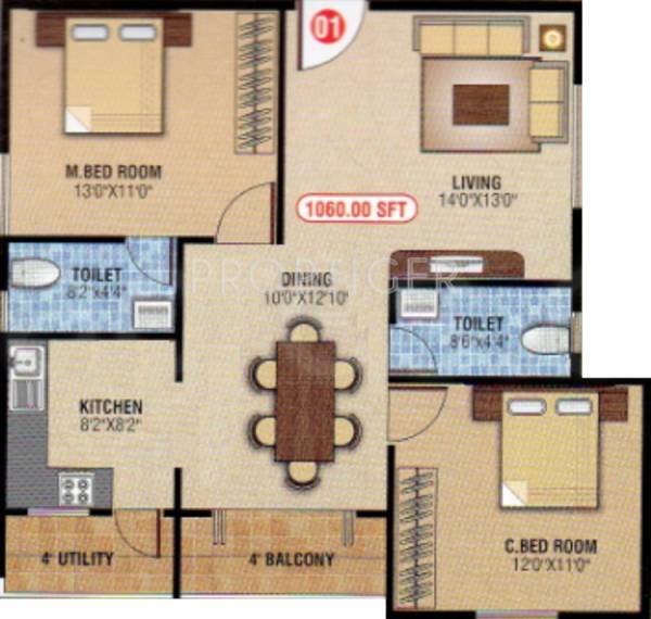 Chethan Balaji Nest Floor Plan (2BHK+2T (1,060 sq ft) 1060 sq ft)