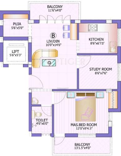 KCee Sri Vidya (1BHK+1T (815 sq ft) + Study Room 815 sq ft) KCee Sri Vidya (1BHK+1T (815 sq ft) + Study Room 815 sq ft)