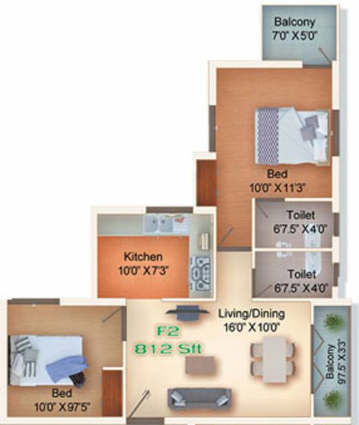 Grand Space Developers Pvt Ltd Raj Mehal Floor Plan (2BHK+2T (812 sq ft) 812 sq ft)