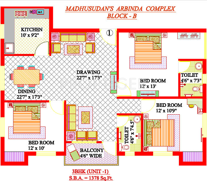 Madhusudan Builders Arbinda Complex Floor Plan (3BHK+3T (1,378 sq ft) 1378 sq ft)