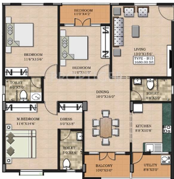 Creative Elegance (3BHK+3T (1,680 sq ft) 1680 sq ft)