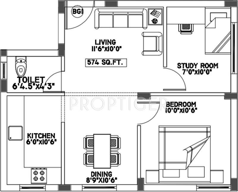 Urban Tree Oakwood (1BHK+1T (574 sq ft)   Study Room 574 sq ft)