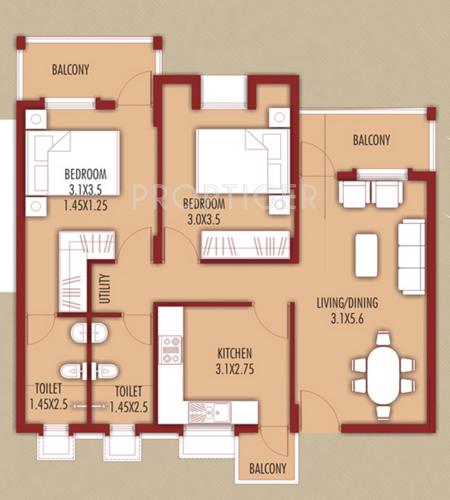 Kurtarkar Real Estate Symphony Apartment Floor Plan (2BHK+2T)