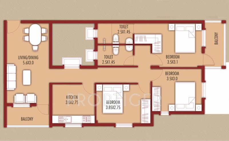Kurtarkar Real Estate Symphony Apartment Floor Plan (3BHK+3T)