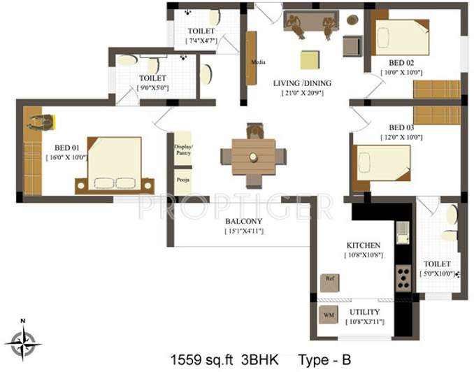 Global Magnolia (3BHK+3T (1,559 sq ft) 1559 sq ft)