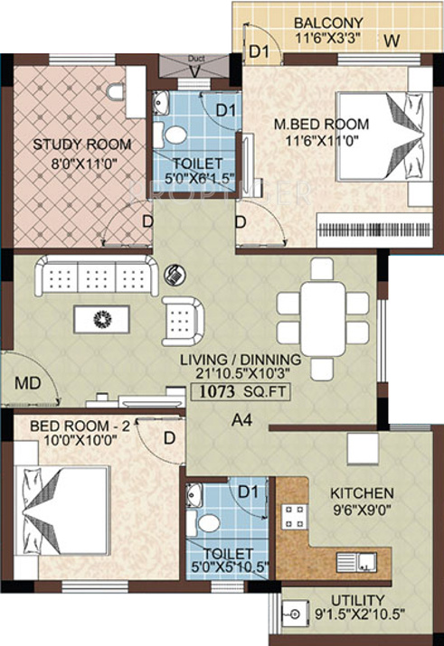 VIP Silicon Shelter (2BHK+2T (1,073 sq ft) + Study Room 1073 sq ft)