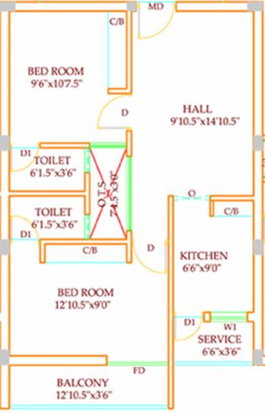 Sarathi Engineers Aditya Floor Plan (2BHK+2T (800 sq ft) 800 sq ft)