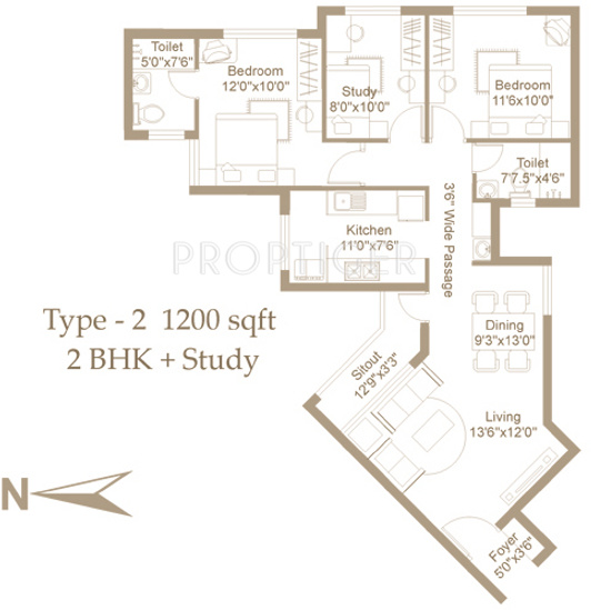 South India Acropole (2BHK+2T (1,200 sq ft) 1200 sq ft)