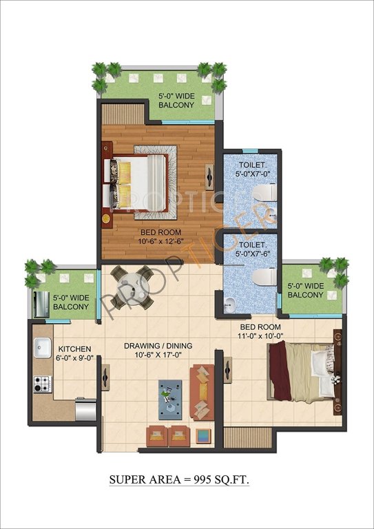 Ajnara Le Garden (2BHK+2T (995 sq ft) 995 sq ft)