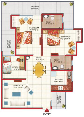 Gaursons Green Vista (2BHK+2T (1,231 sq ft)   Study Room 1231 sq ft)