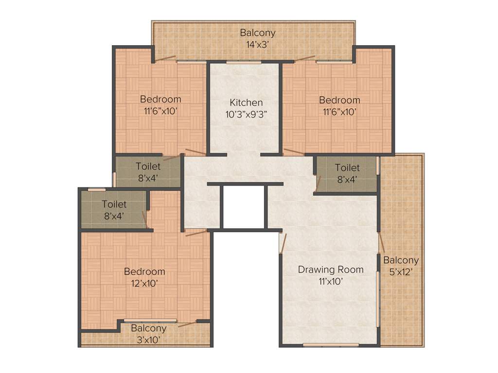 Grow India Buildcon Tranquil Hills 3BHK+3T (1,250 sq ft)