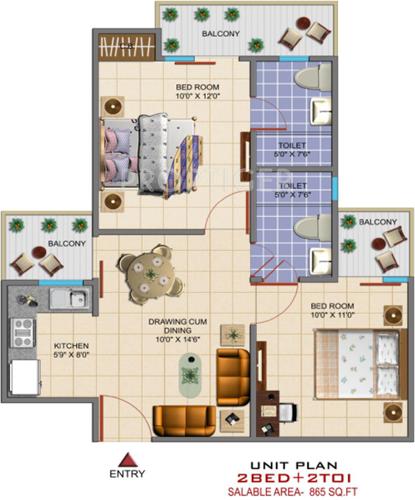 Exalter Vatika Apartment (2BHK+2T (865 sq ft) 865 sq ft)