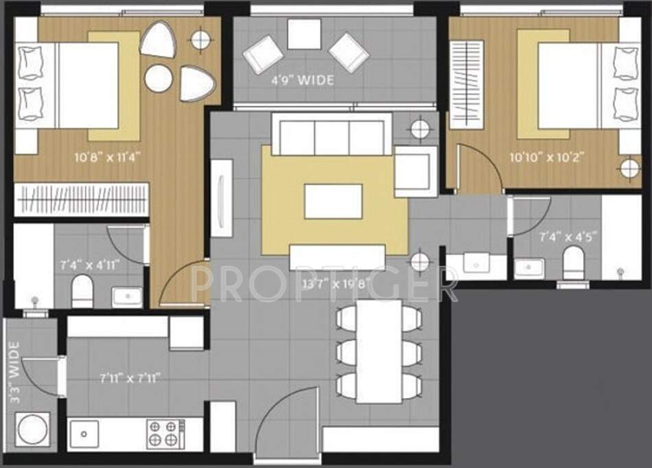 Amanora Future Towers (2BHK+2T (966 sq ft) 966 sq ft)