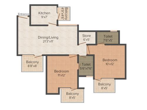 Maxheights Metro View (2BHK+2T (1,150 sq ft) 1150 sq ft)