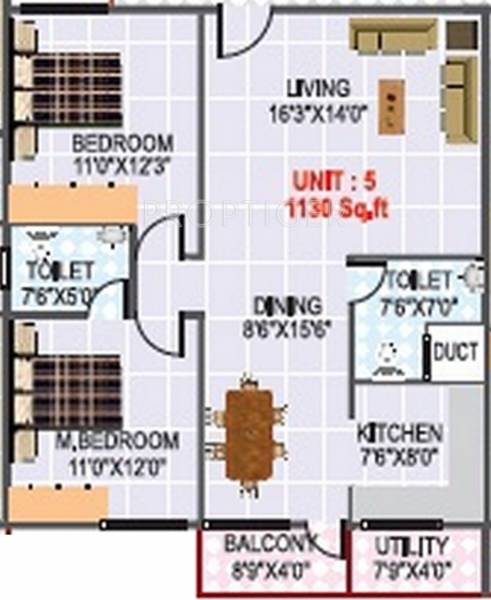 KV Pristine (2BHK+2T (1,130 sq ft) 1130 sq ft)