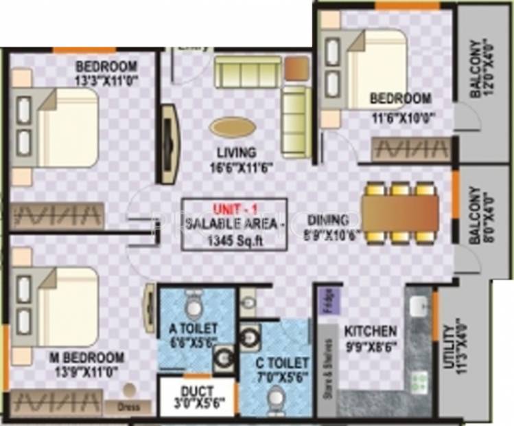 Nishitas Millennium (3BHK+2T (1,345 sq ft) 1345 sq ft)