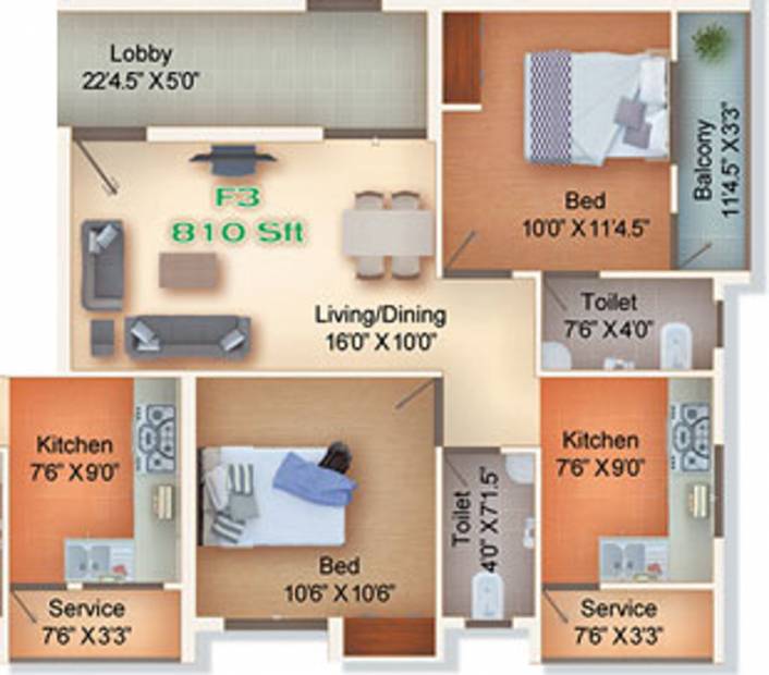 Grand Space Developers Pvt Ltd Raj Mehal Floor Plan (2BHK+2T (810 sq ft) 810 sq ft)