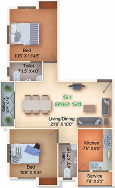 Grand Space Developers Pvt Ltd Raj Mehal Floor Plan (2BHK+2T (892 sq ft) 892 sq ft)