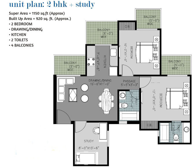 Arihant Ambar (2BHK+2T (1,150 sq ft)   Study Room 1150 sq ft)