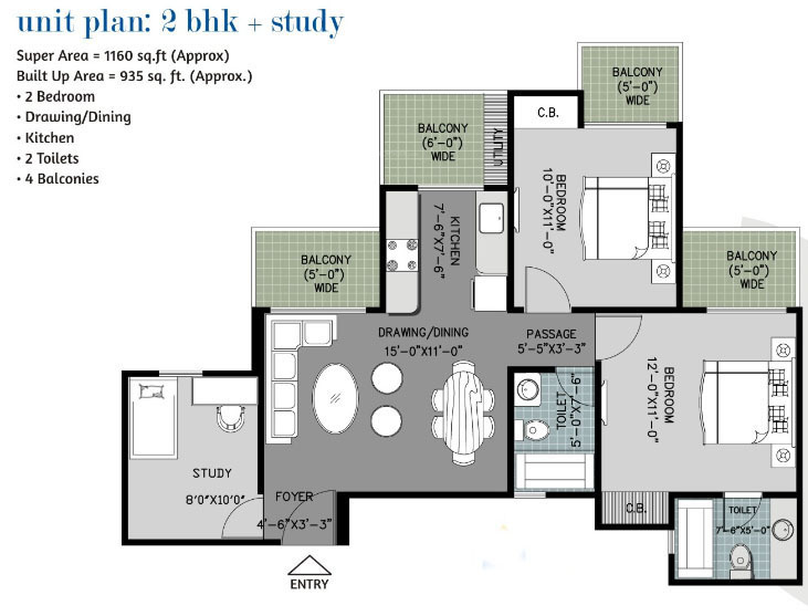 Arihant Ambar (2BHK+2T (1,160 sq ft)   Study Room 1160 sq ft)