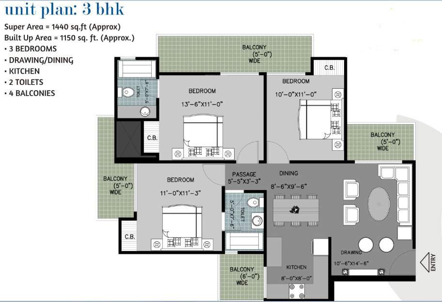 Arihant Ambar (3BHK+2T (1,440 sq ft) 1440 sq ft)