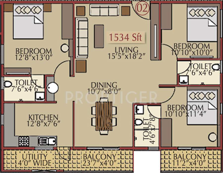 Pioneer Moonstone (3BHK+3T (1,534 sq ft) 1534 sq ft)