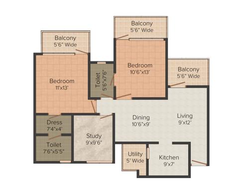 Jay Shiva Earthmovers And Construction Parx Residency 2BHK+2T (1,350 sq ft) + Study Room