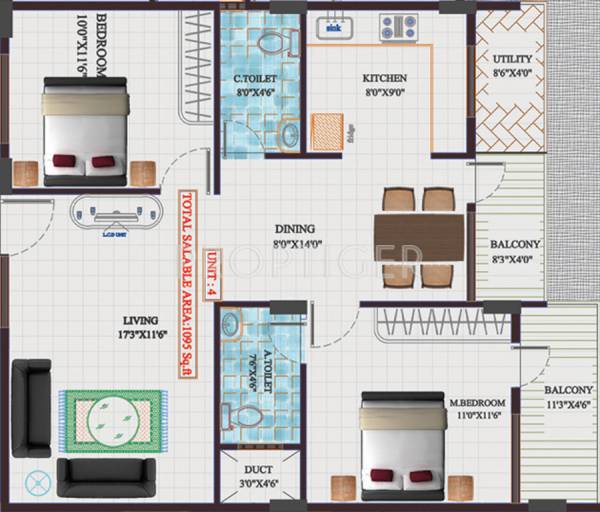Unitech Akshaya (2BHK+2T (1,095 sq ft) 1095 sq ft)