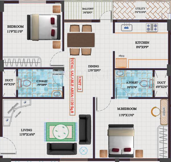 Unitech Akshaya (2BHK+2T (1,120 sq ft) 1120 sq ft)