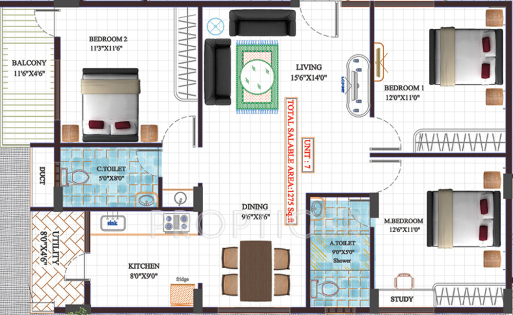 Unitech Akshaya (3BHK+2T (1,275 sq ft) 1275 sq ft)