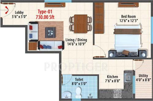 Dhiraan Ferns Bluebells (1BHK+1T (730 sq ft) 730 sq ft)
