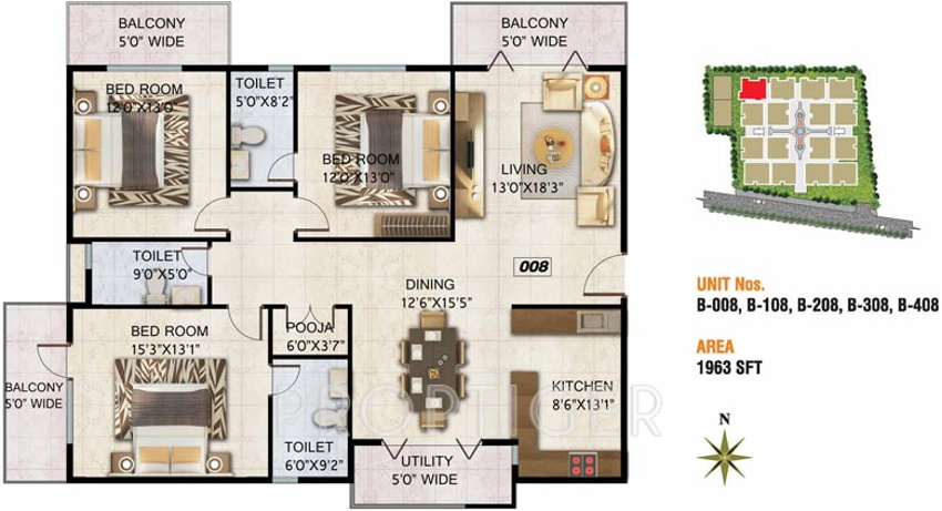 Mithuna White Water (3BHK+3T (1,963 sq ft)   Pooja Room 1963 sq ft)