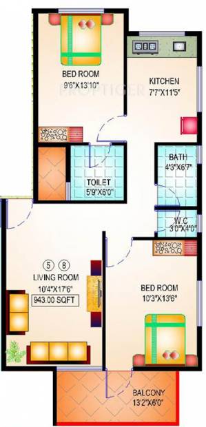 Advait Sunderban Apartment (2BHK+2T (943 sq ft) 943 sq ft)