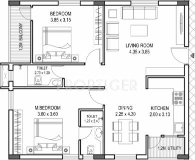 1500 Sq Ft 2 Bhk Floor Plan Image