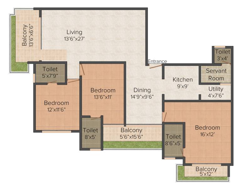 Zaffars Clifton (3BHK+3T (2,108 sq ft)   Servant Room 2108 sq ft)