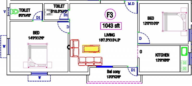 KB Neha Netra Floor Plan (2BHK+2T (1,043 sq ft) 1043 sq ft)