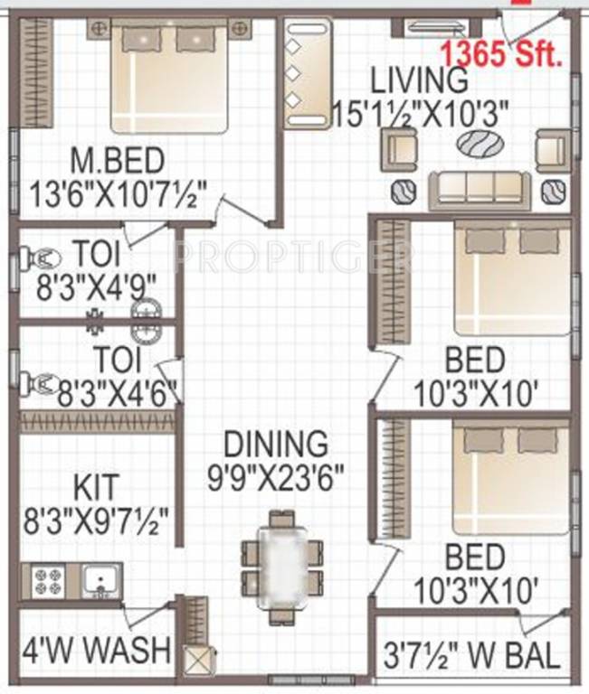  Narasimhas Arena (3BHK+2T (1,365 sq ft) 1365 sq ft)