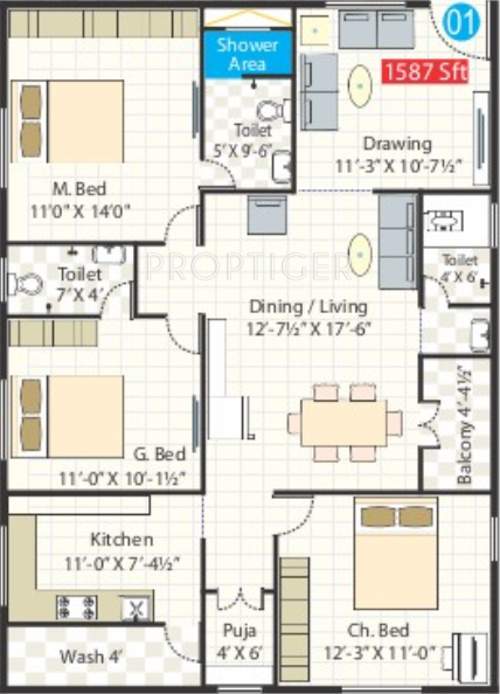 Spectra Metro Heights (3BHK+3T (1,587 sq ft) Pooja Room 1587 sq ft)