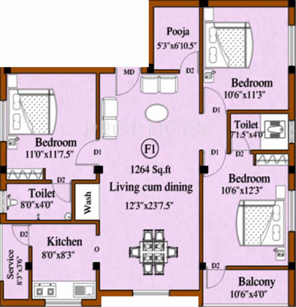 Naveen Jayalakshmi Castle (3BHK+2T (1,264 sq ft)   Pooja Room 1264 sq ft)