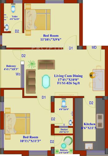 Chennai Sun Flower (2BHK+2T (826 sq ft) 826 sq ft)