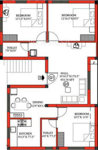 JKB Sri Raj (3BHK+3T (953 sq ft) + Pooja Room 953 sq ft)