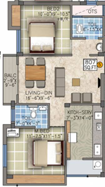 Roohi Anja (2BHK+2T (807 sq ft) 807 sq ft)