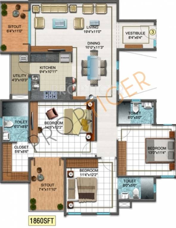 DSR Sunrise Towers (3BHK+3T (1,860 sq ft) 1860 sq ft)
