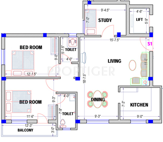 PVK Pride (2BHK+2T (977 sq ft)   Study Room 977 sq ft)