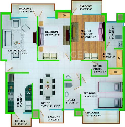 Sushma Urban Views (3BHK+2T (1,680 sq ft) + Pooja Room 1680 sq ft)