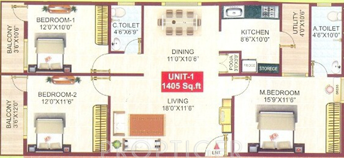 Sai Comforts (3BHK+2T (1,405 sq ft)   Pooja Room 1405 sq ft)