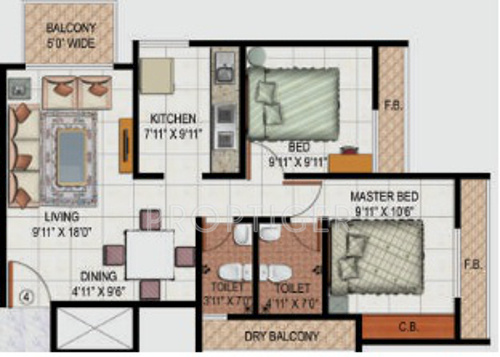 Floor Plan (2BHK+2T (1,100 sq ft) 1100 sq ft) Mittal Builders Phoenix Towers Floor Plan (2BHK+2T (1,100 sq ft) 1100 sq ft)